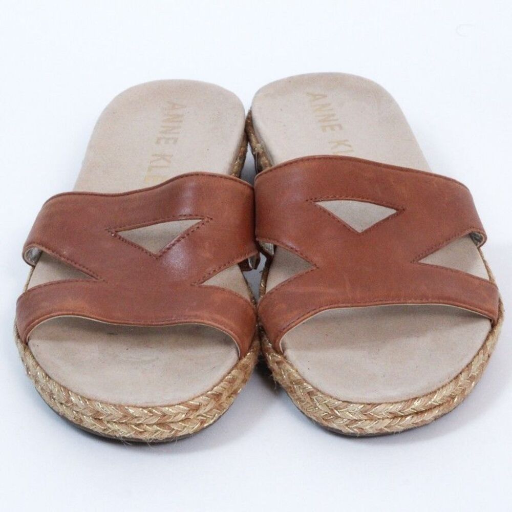 Anne Klein iFlex AKDoris Brown Leather Espadrille Slide Sandals Women's Size 7M